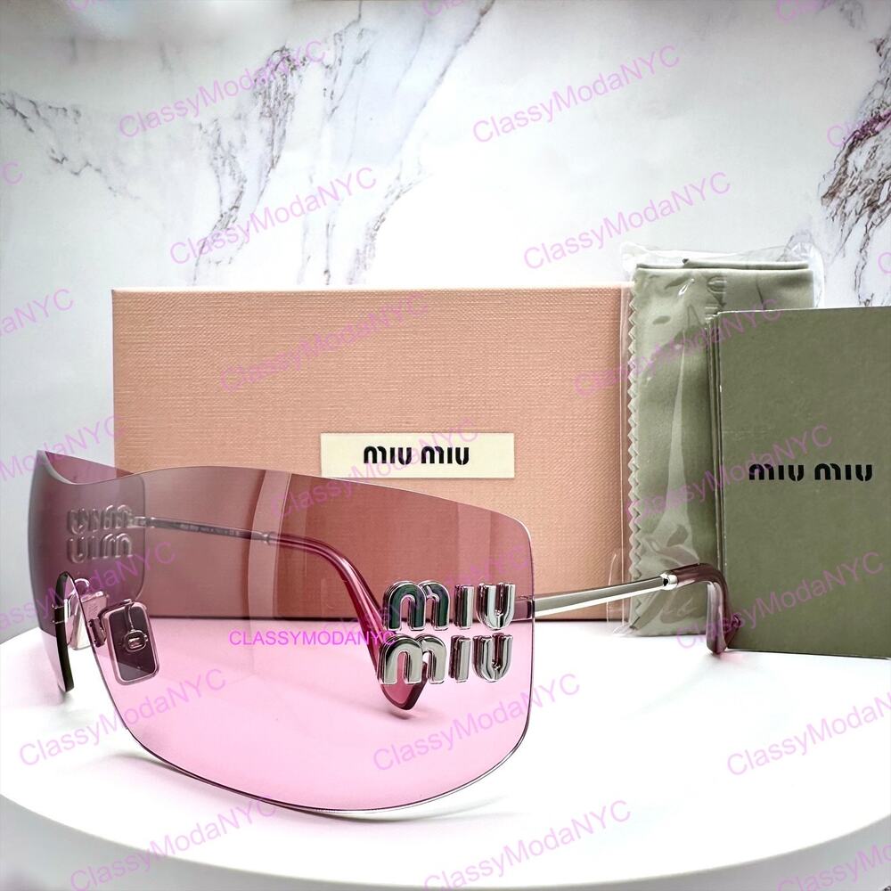 New MIU MIU Sunglasses Aube Silver Pink Mirror Rimless Wrap Authentic Womens